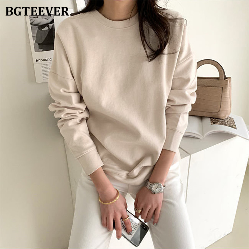 BGTEEVER OL Style Loose Women Solid Sweatshirts Autumn Winter New Oneck Long Sleeve Female Pullovers Tracksuits T200904