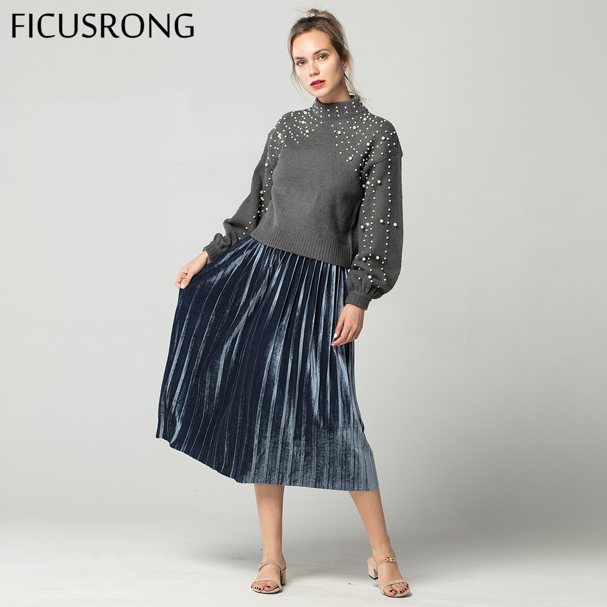 New 7 Colors Autumn Winter High Waisted Skinny Female Velvet Skirt Pleated Skirts Elegant Plus Size Women Skirt FICUSRONG 210309