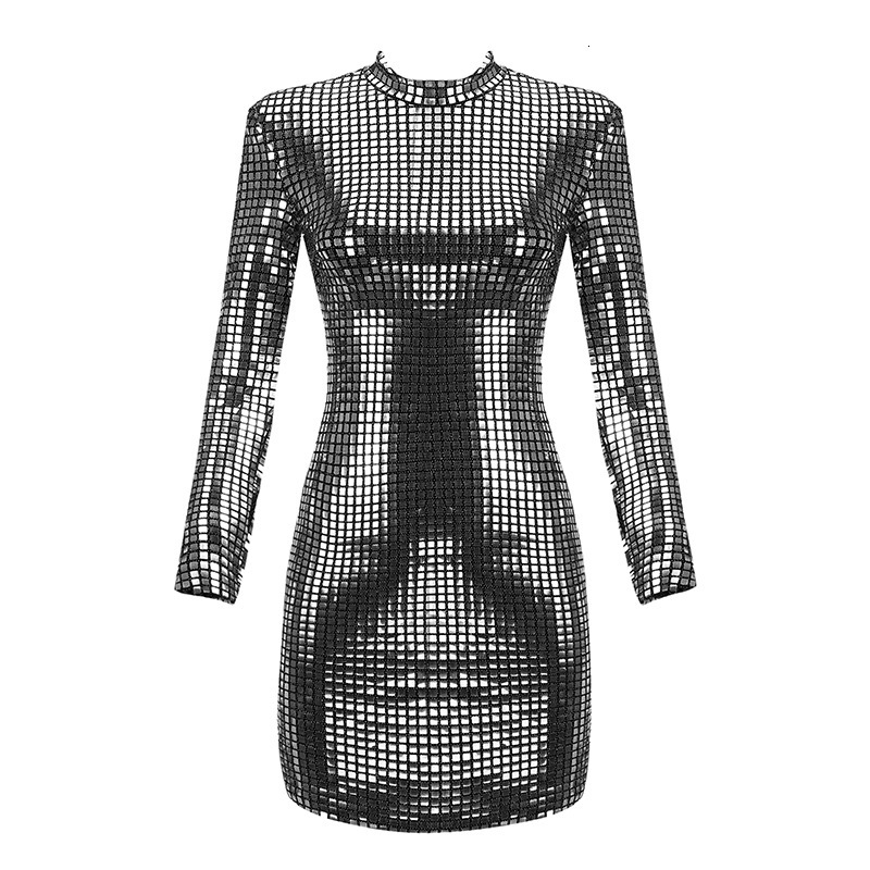 Ohwera brin Prader wears silver lenses, compact Mini women wear sexy silver high collar nine points sleeve Sequin party dress 210309