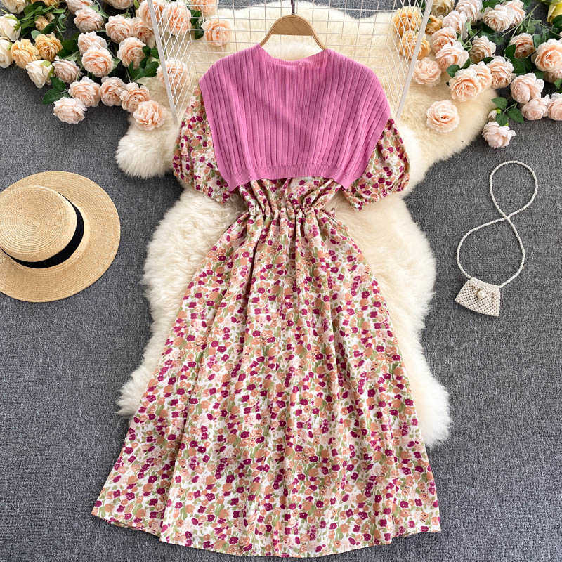 DEAT Women Printing Ruffles Dress Round Neck Short Puff Sleeve Arrivals Lady Temperment Fashion Spring Summer 11D595 210709