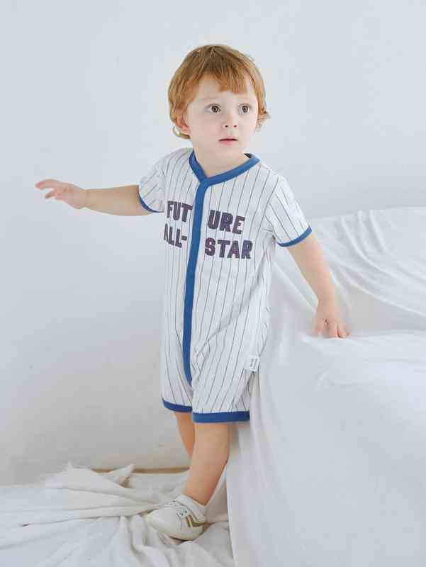 Baby Pinstriped Letter Patched Contrast Binding Romper SHE