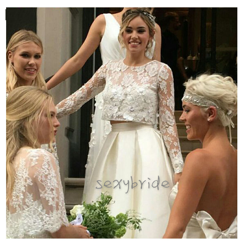 Two Pieces Country Wedding Dresses Long Sleeve Floral Lace Top With Satin Skirt A-Line High Low Bridal Gowns 2021 Garden Vestido De Noiva