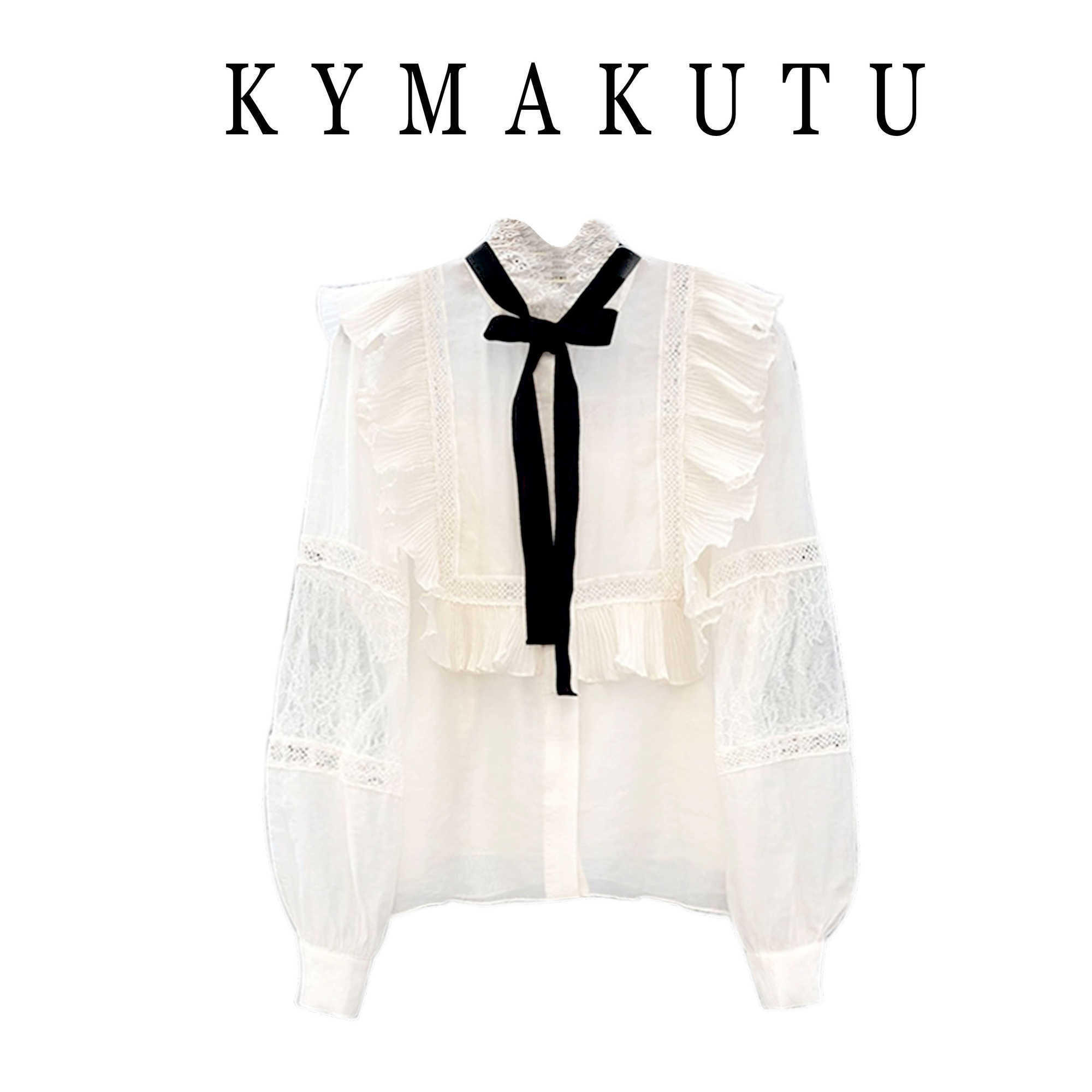 VANOVICH Korean Spring and Summer Stand Collar Bow Lotus Leaf Side Lace Shirt Female Casual Women-blouses 210615Z