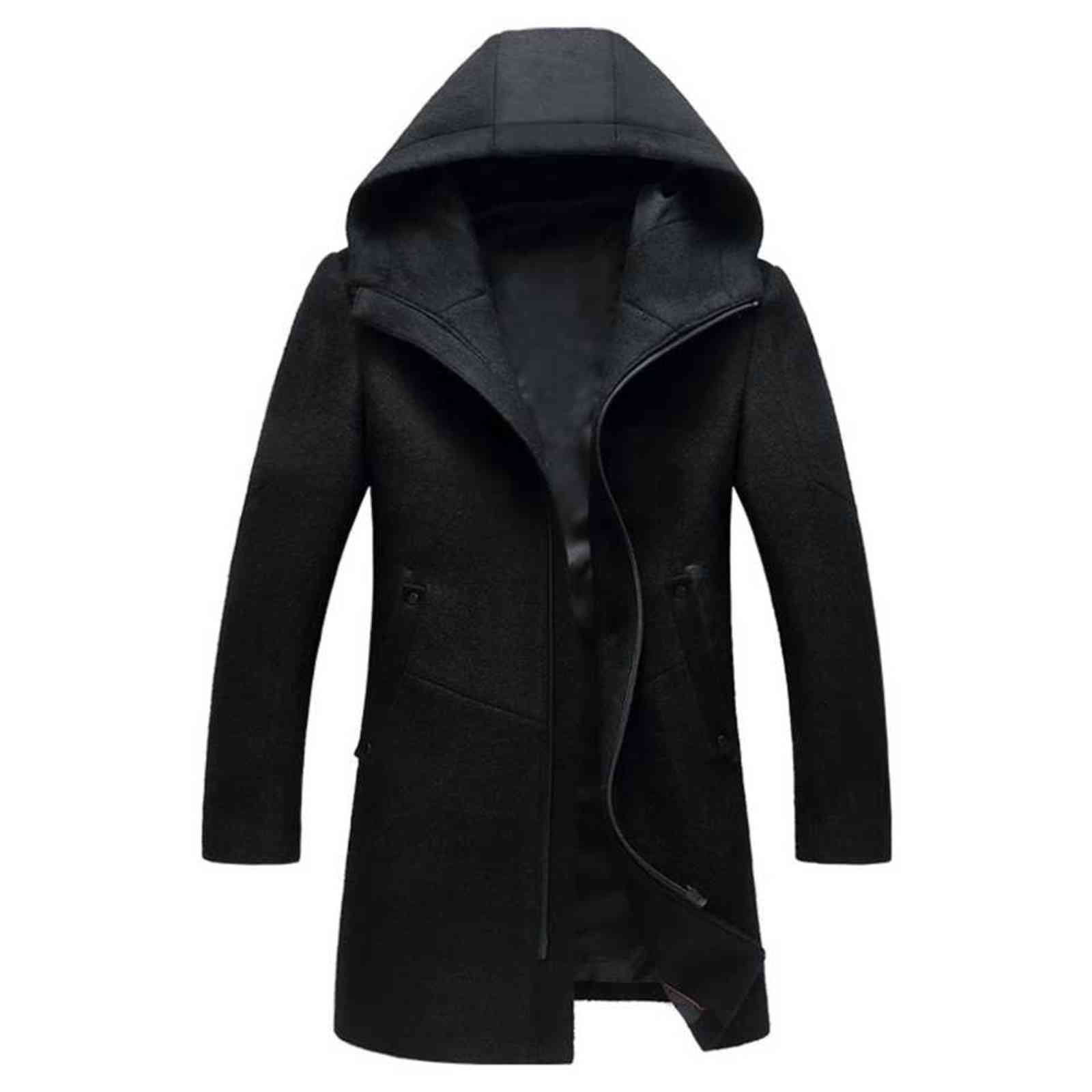 Man Wool Hooded Jacket Long High Quality Hoodie Zipper Casual Black Grey Male Trench Pockets Overcoat Warm Men Woolen Coat 211122