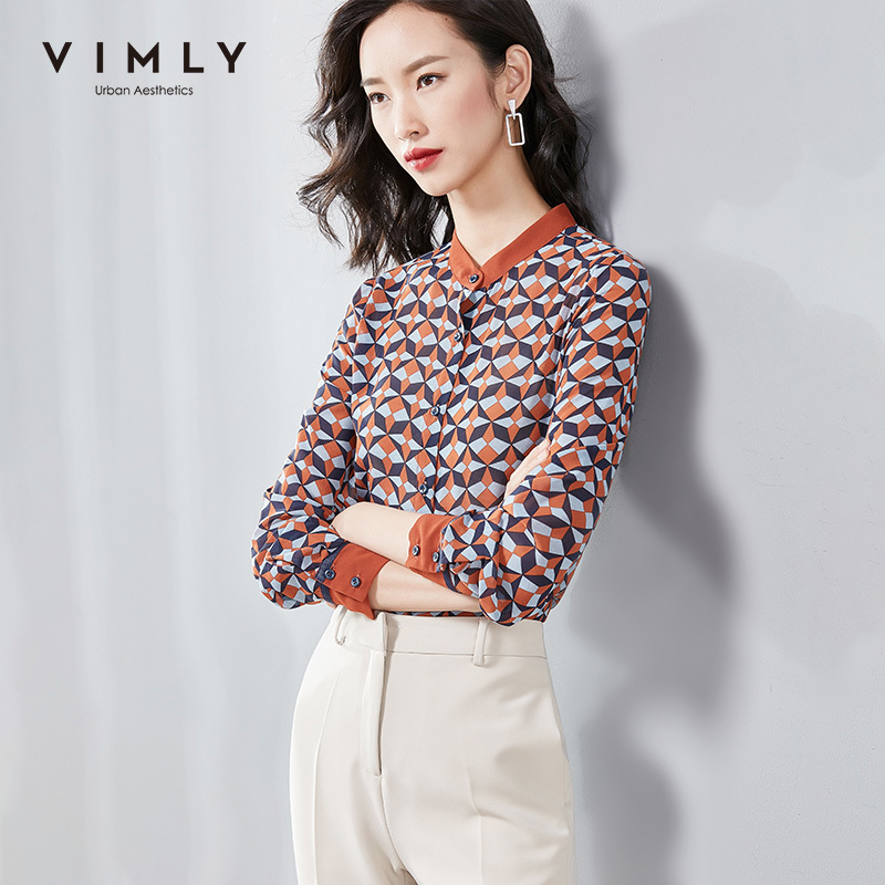 Vimly Women Blouse Spring Autumn Elegant V-neck Single Breasted Rhombus Print Shirt Tops Office Lady Blusas Femininas F1865 210225