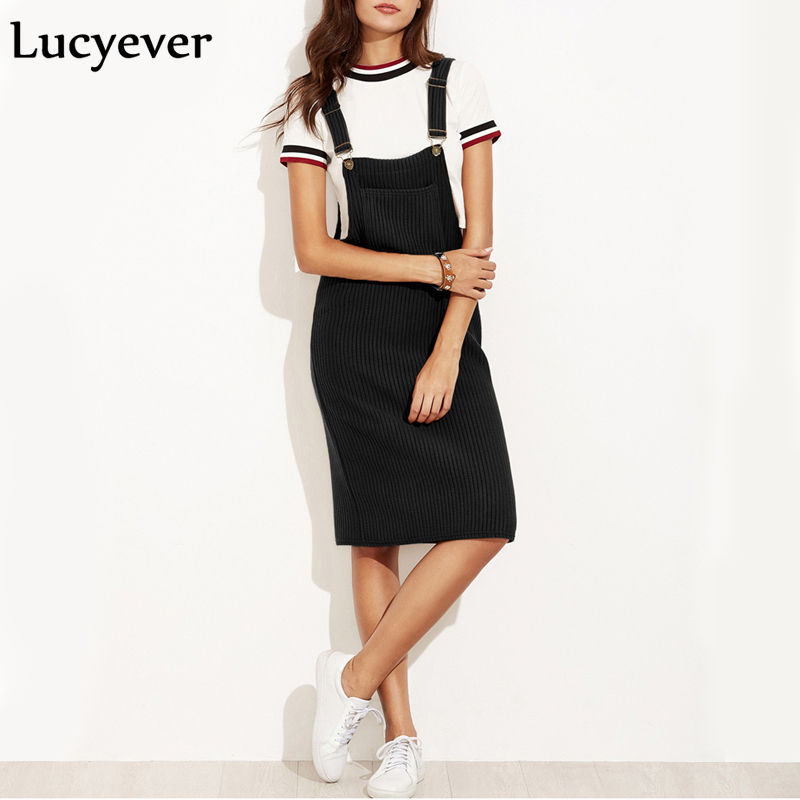 Lucyever Vintage Elastic Women Midi Dress Spring Autumn Strap Suspender Female Dress Casual Pocket Black Sleeveless Vestido 210309