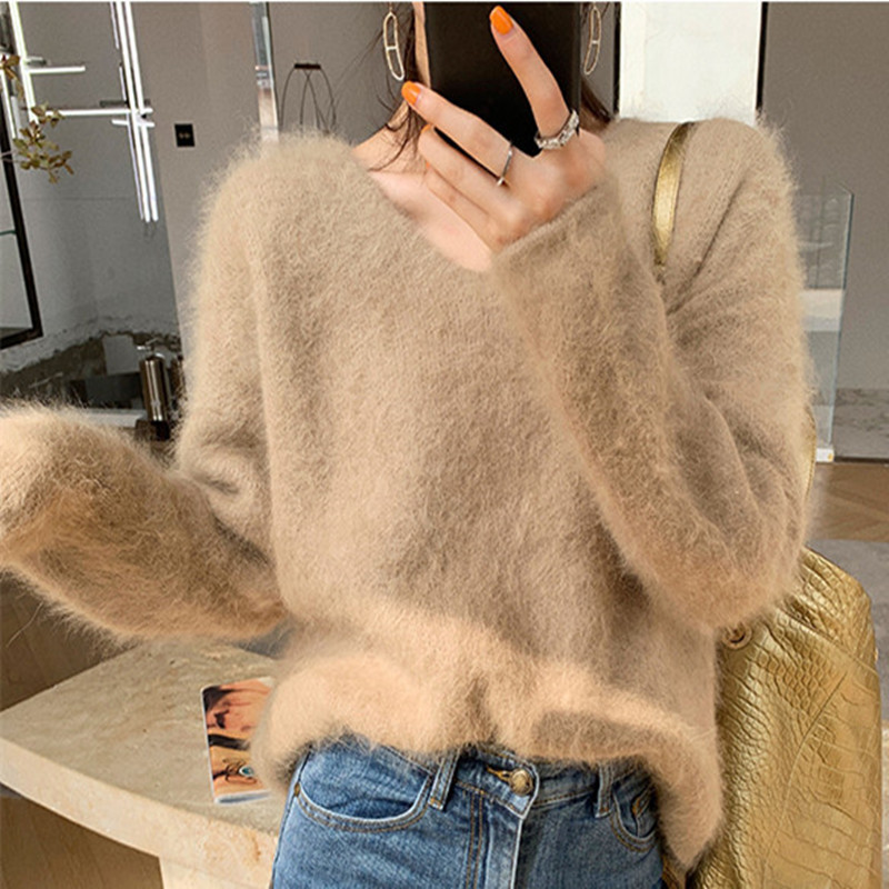 Women Ladies Sweaters and Pullovers Pure 100% Mink Cashmere Knitted Pullover Angora Fluffy JNS002 201031