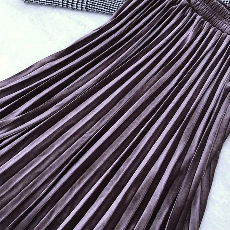 Autumn Winter Women Golden Velvet Long Skirt Korean Ladies Elastic Casual High Waist Skirts Pleated Bottoms B07004R 210306