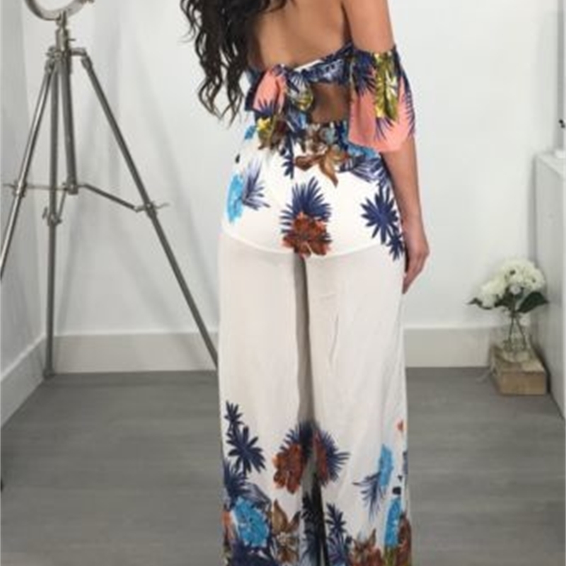 Women Summer Jumpsuit Off Shoulder Backless Bandage Floral One Piece Long Pant Clubwear Party Jumpsuit T200303