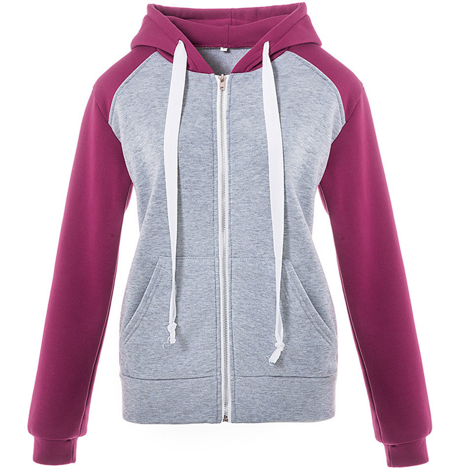 Women Hoodie Casual Kangaroo Pocket Patchwork Long Sleeve Hoodie Sweatshirt With Zipper Hoodie Drawstring Harajuku Fashion T200525