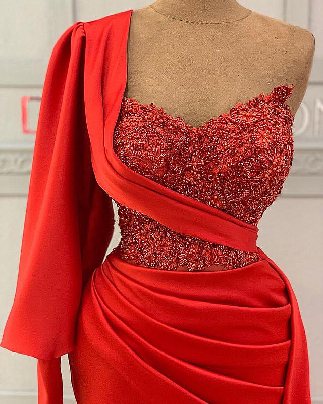 plus size arabic aso ebi red luxurious mermaid prom dresses lace beaded evening formal party second reception birthday engagement gowns dress zj220