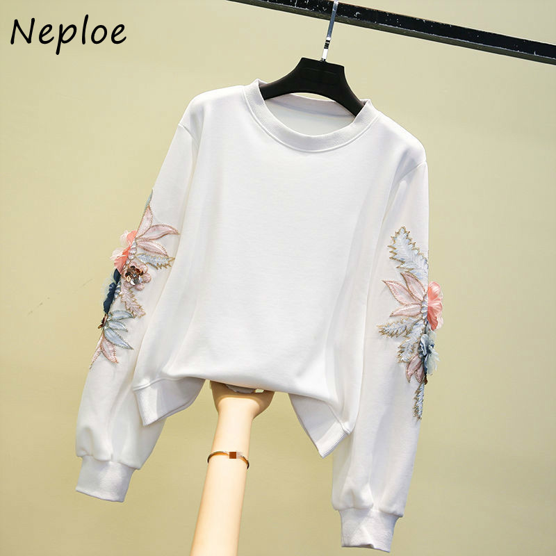 Neploe Exquisite Flower Embroidery Patchwork Hoody New Autumn Long Sleeve Hoodies Women New O-neck Loose Fashion Pulloves 201212
