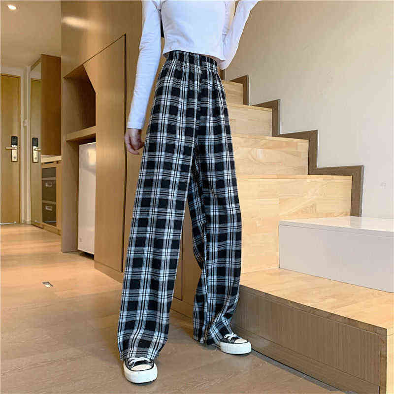 Checkered Pants for Women Vintage Plaid Fashion Korean Style Wide Leg Summer Blue Harajuku Oversized Trousers 211115