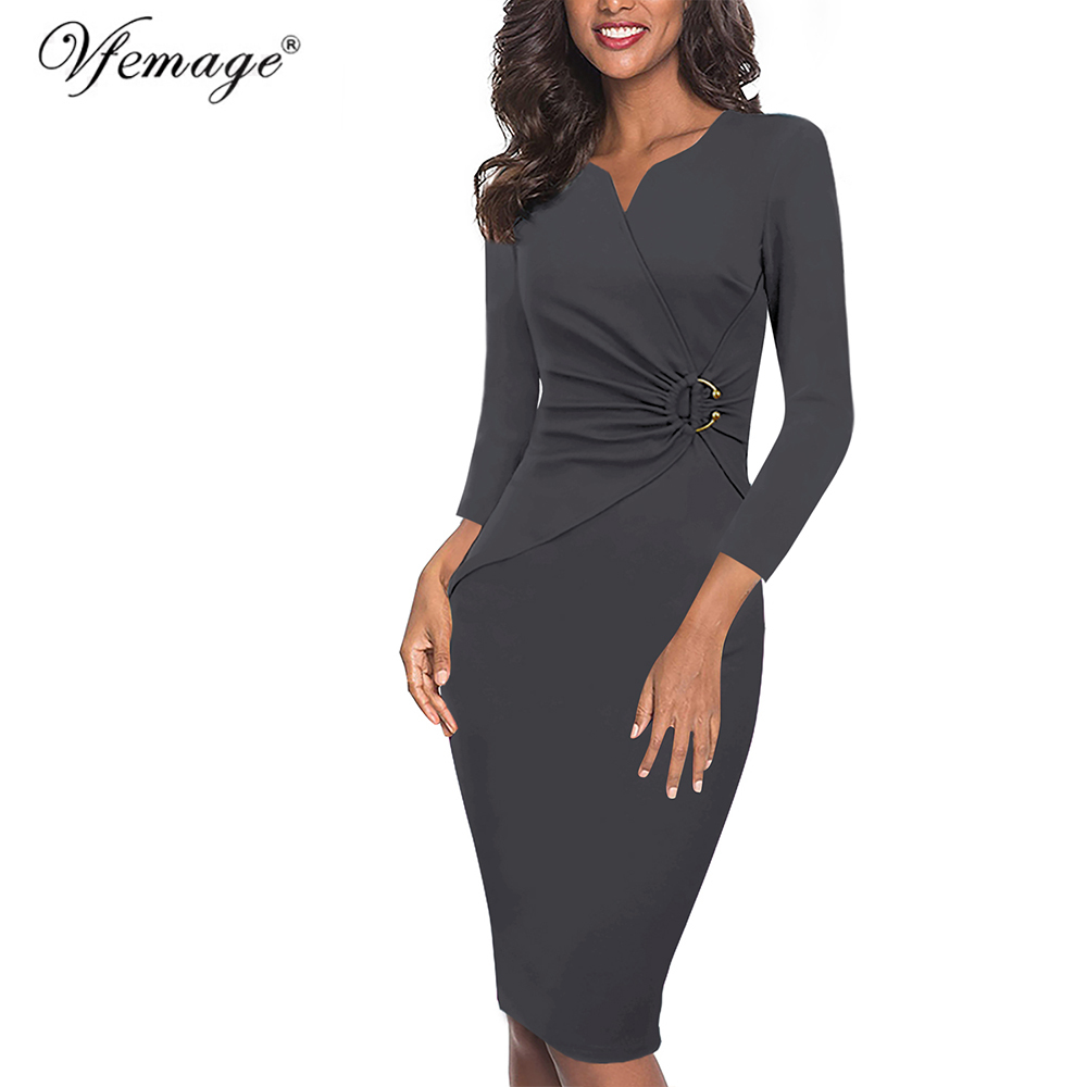 Vfemage Women Spring Summer Elegant Ruched Embellished Waist Work Office Business Cocktail Party Bodycon Pencil Sheath Dress 007 210309