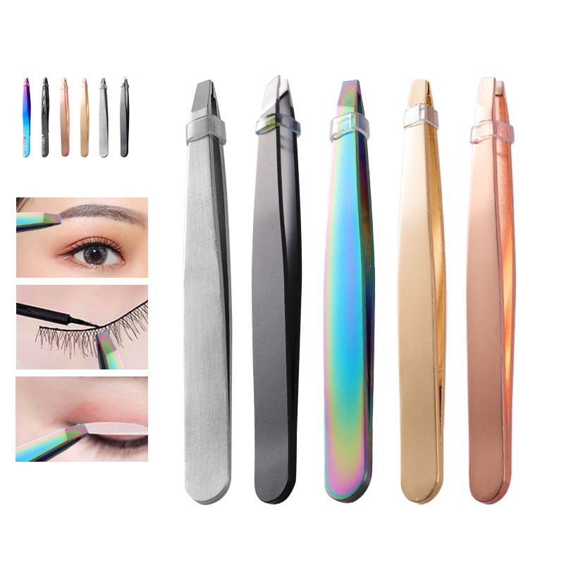 Eyelashes Tweezers Stain Steel Slanted Tip Face Hair Removal Curler Clip Brow Trimmer Makeup Tools Accessories Rose Gold