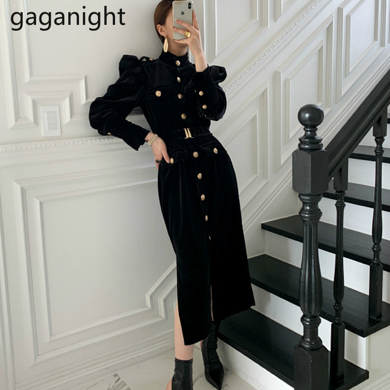 Gaganight Autumn Winter Velvet Women Maxi Dress Long Sleeve Single Breasted Slim Korean Dresses Female Lady Elegant Vestidos New 210303