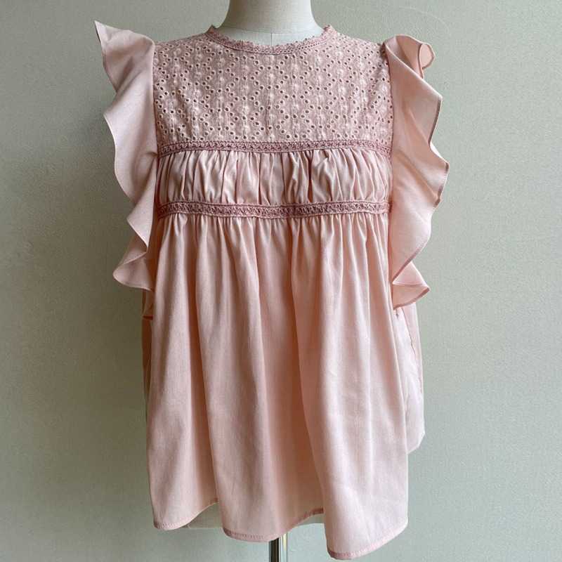 Ruffle Sleeveless Woman Tops Korean Elegant Lace Patchwork Blouse Shirt Summer Causal Blusas De Mujer 6J823 210603