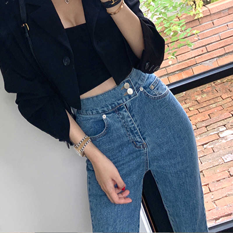 Fashion Split Bootleg Jeans For Woman High Waist Elastic Korean Denim Trousers Female Slim Wide Leg Pants Blue Bottom 210922