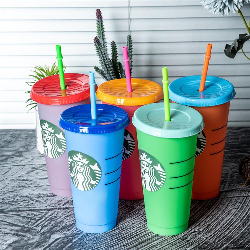 24OZ Color Change Tumblers Plastic Drinking Juice Cup With Lip And Straw Magic Coffee Mug Costom Starbucks color changing plastic cup fy4460