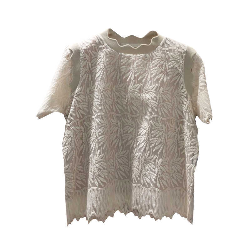 Spring Summer Fashion Lace Embroidered Petals Short-sleeved O Neck Solid Women Tops 210615Z