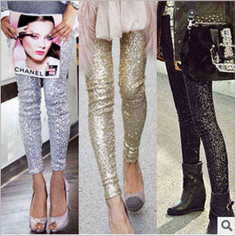 Gold Sequined Leggings Trousers Full Sequin Pants Anti Emptied Slim Was Thin Pencil 211215