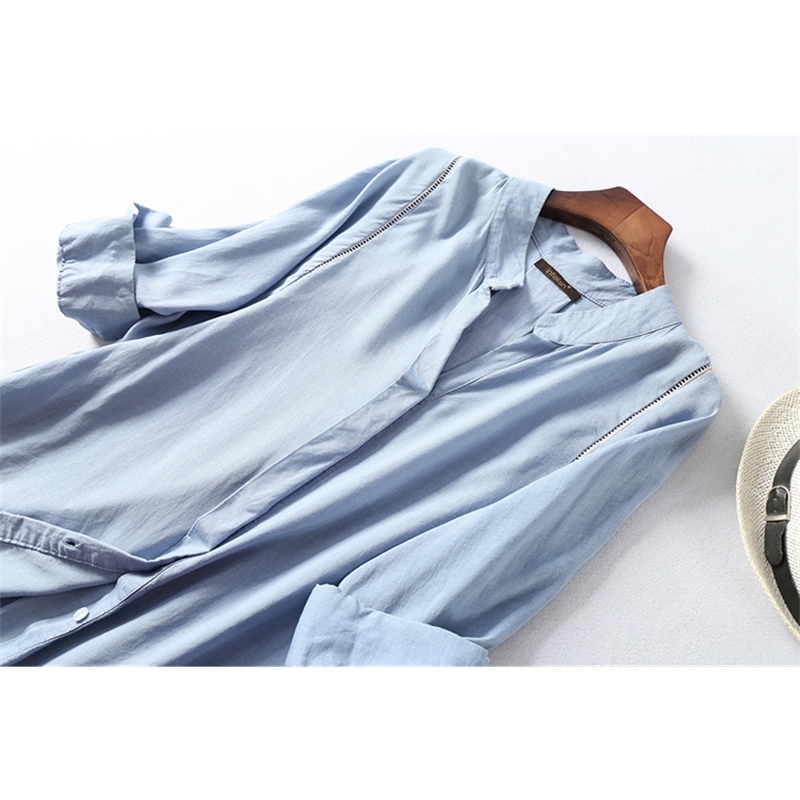SuyaDream Women Fall blouse 50%Cotton 50%Linen 3/4 sleeved White blouses Office lady shirt Fall Winter Light Blue 210225