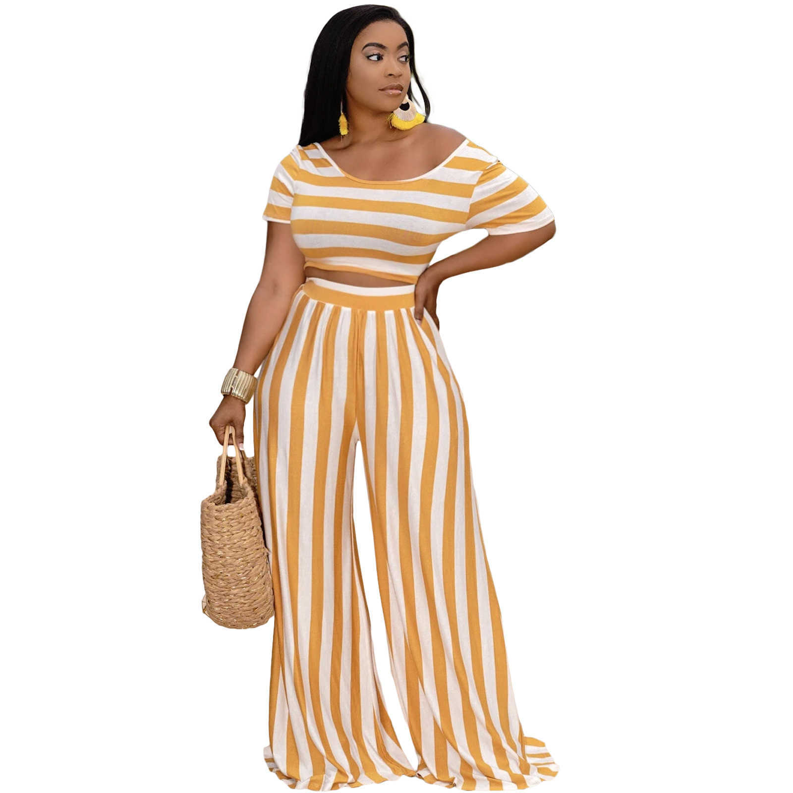 Women's Two Piece Pants Designers Women Clothes 2023 fashion open navel striped wide leg pants two-piece suit Recommend