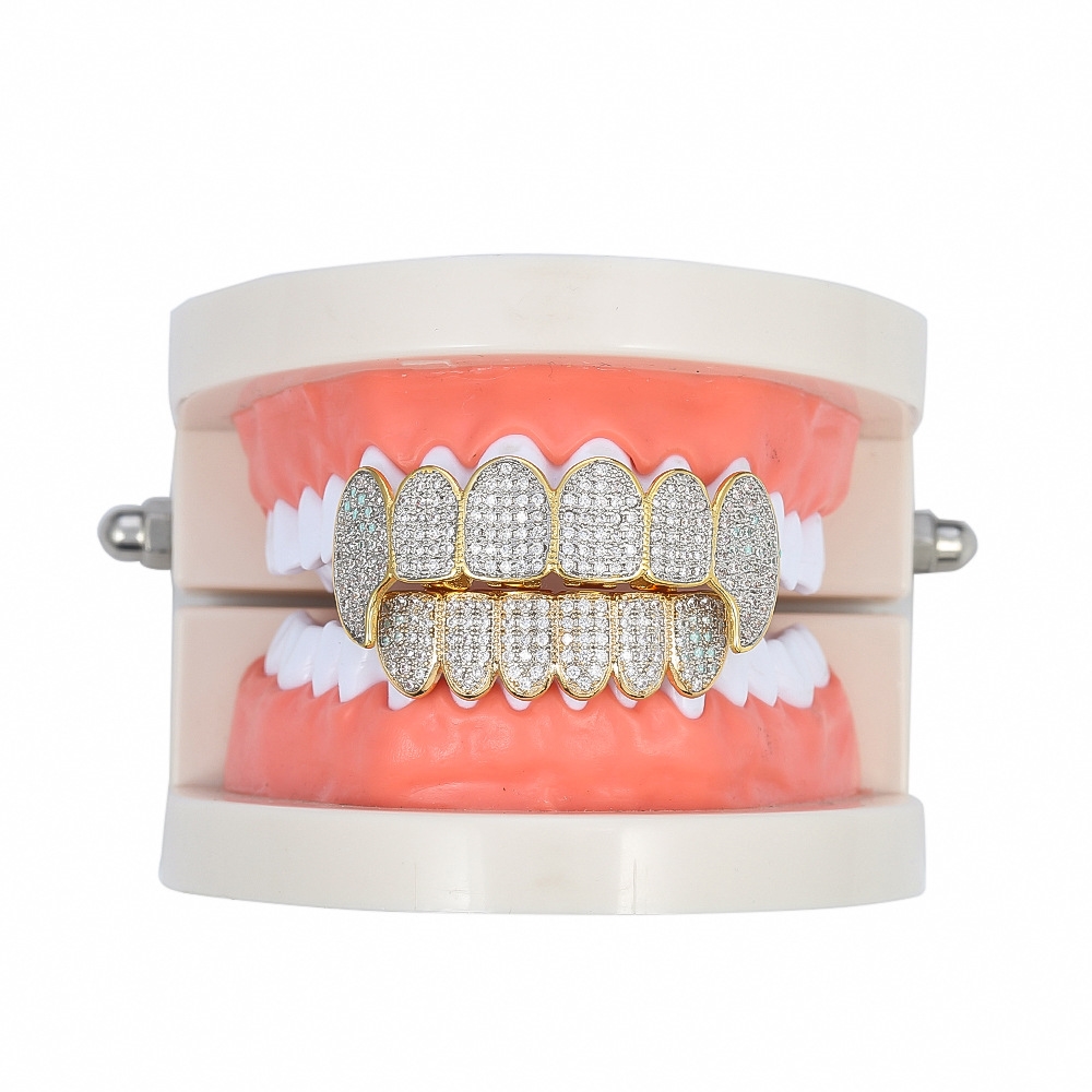 Gold Shiny ICED OUT Teeth Grillz Rhinestone Top&Bottom Grills Set Hip Hop Jewelry