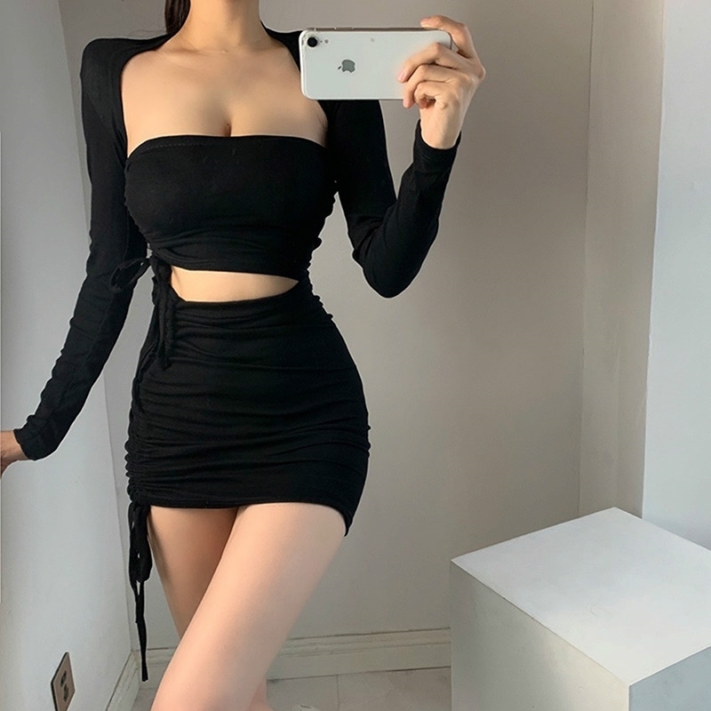 WOMENGAGA sexy low chest Strapless drawstring lace show thin cardigan full sleeve tops + hgih waist sexy mini dress set CA5V 210708