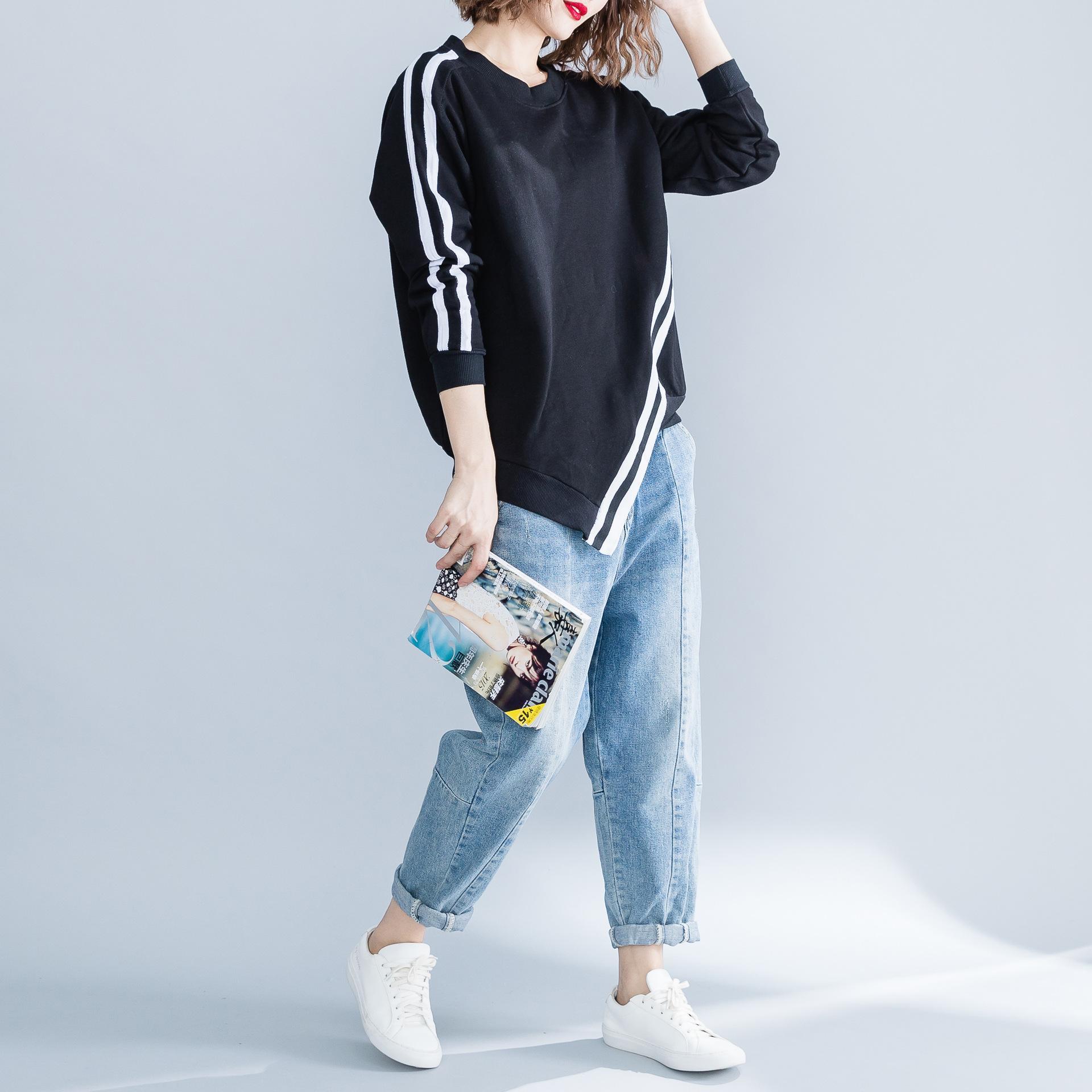 Plus Size Striped Sweatshirt Hoodies Women Casual Irregular Cotton Pullovers Sweatshirts Woman Kpop Clothes Autumn Moletom 201102