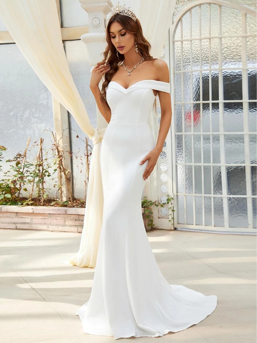 Simple Off Shoulder Mermaid Wedding Dress 2024 Simple Soft Satin Summer Backless Bridal Party Gowns robe de soiree