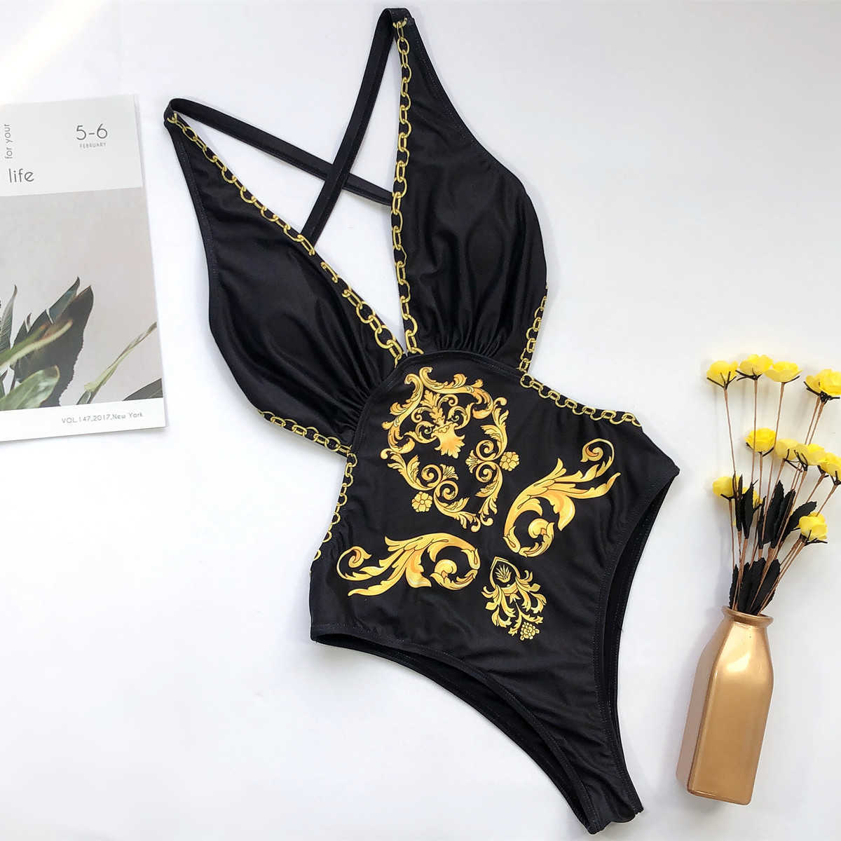 Bikini Swimwear Women Summer Sexy Low-cut V Neck Printed Female Backless Bathing Suit Brazilian Push Up Swimsuit 210604