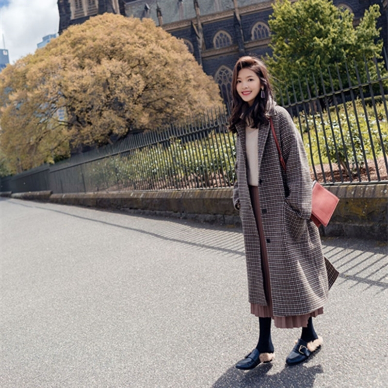 Bella Philosophy winter women plaid windbreaker woolen coat female middle long new houndstooth Female long coat 210218
