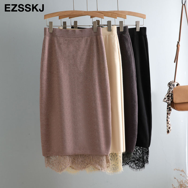 casual Aline long pencil sweater thick skirt female autumn winter midlength lace elegant bodycon skirt women 210306