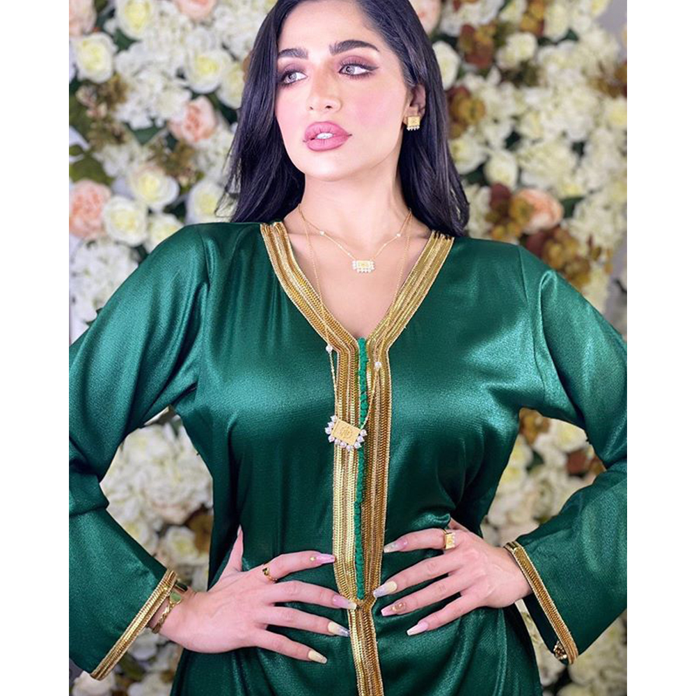 Siskakia Arabic Dresses for Women Fall Golden Ribbon Patchwork V Neck Long Sleeve Maxi Dress Muslim Turkish Clothing Satin 210224
