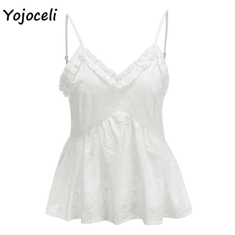 Yojoceli cute cotton embroidery camis top hollow out ruffle camisole shirt 210609
