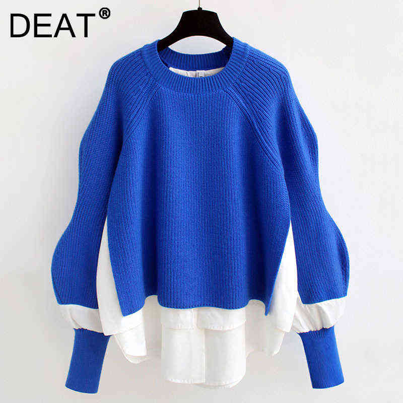 DEAT Women Sweater Knitted Blue Patchwork Fake Two Piece Full Sleeve Round Collar Causal Style Tops 2021 Autumn Fashion 15AK660 Y1110, Black
