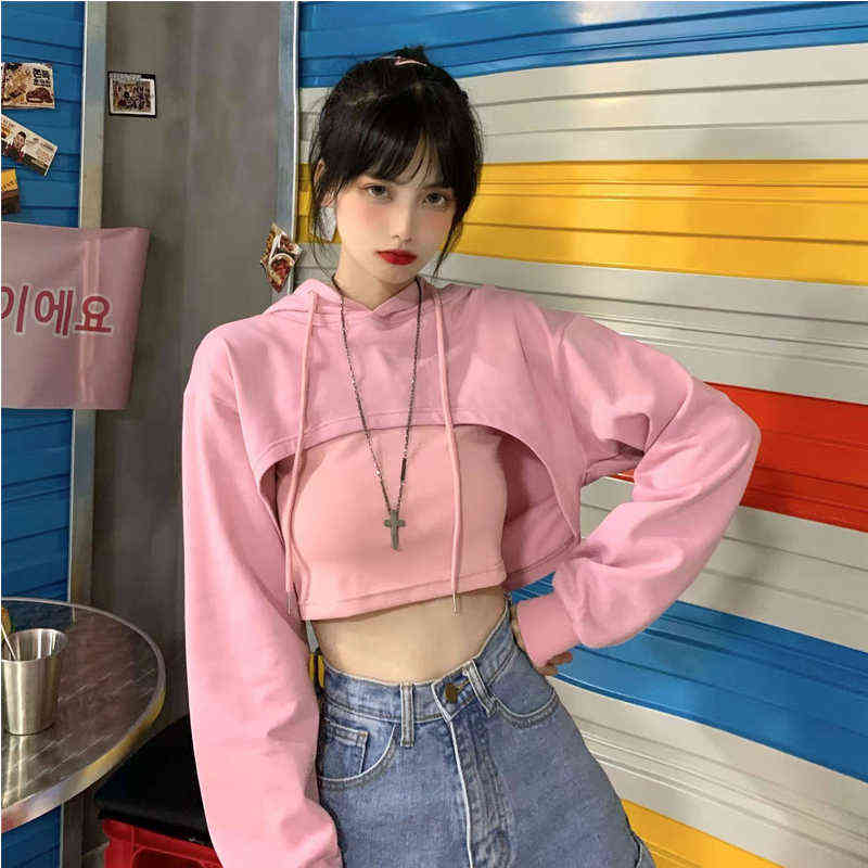 Women Fashion Casual Jogging Hoodies(with Camisole)Korean Loose Short Sweatshirt Female Loose Cropped Hoodies Streetwear Hooded 211108