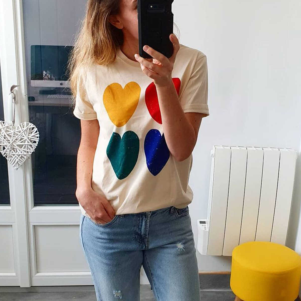 Heart Organic Cotton T shirt Women Short Sleeve O neck Beige Boho Casual Shirts Tops Summer Vintage Printed Tees tshirt X0628
