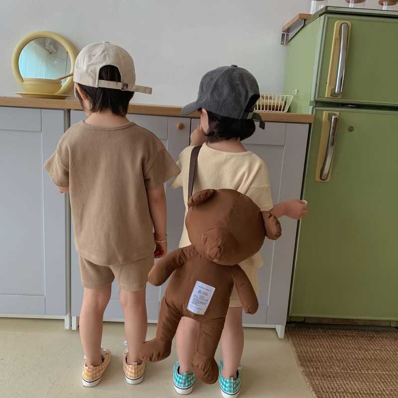 Summer children cotton loose clothes sets boys girls solid color short sleeve and shorts 2pcs suits 210615
