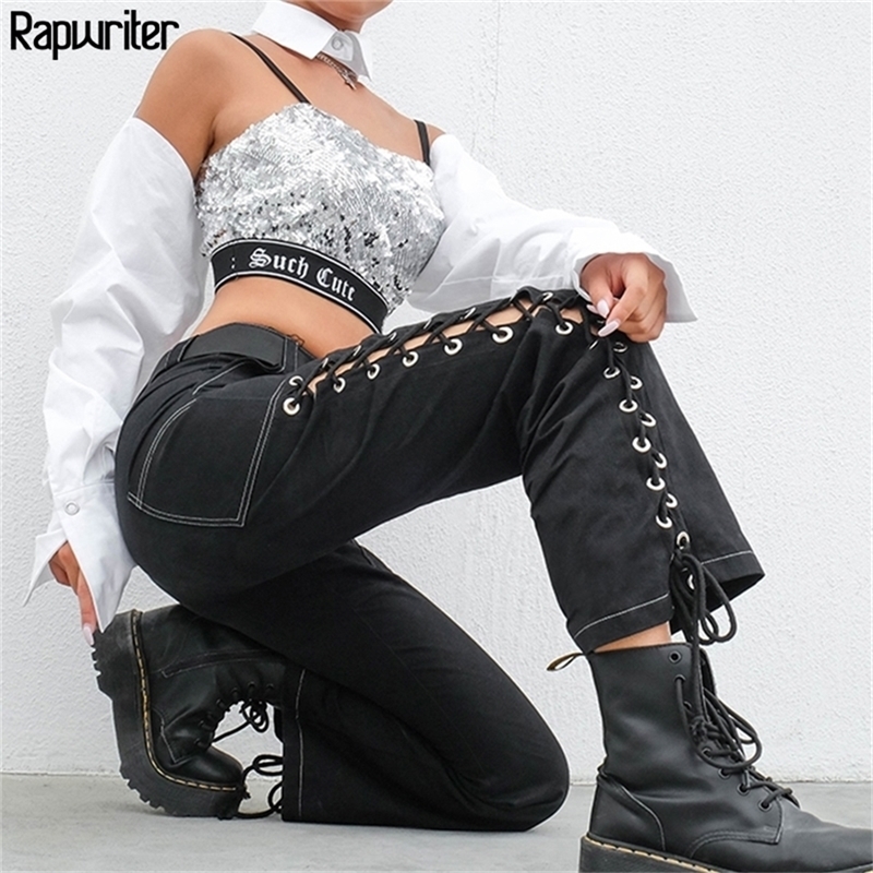 Rapwriter Streetwear Punk Side Cross Lace-up Straight Pant Black Women Cargo High Waist Pants Long Trousers Capris Pocket 201112