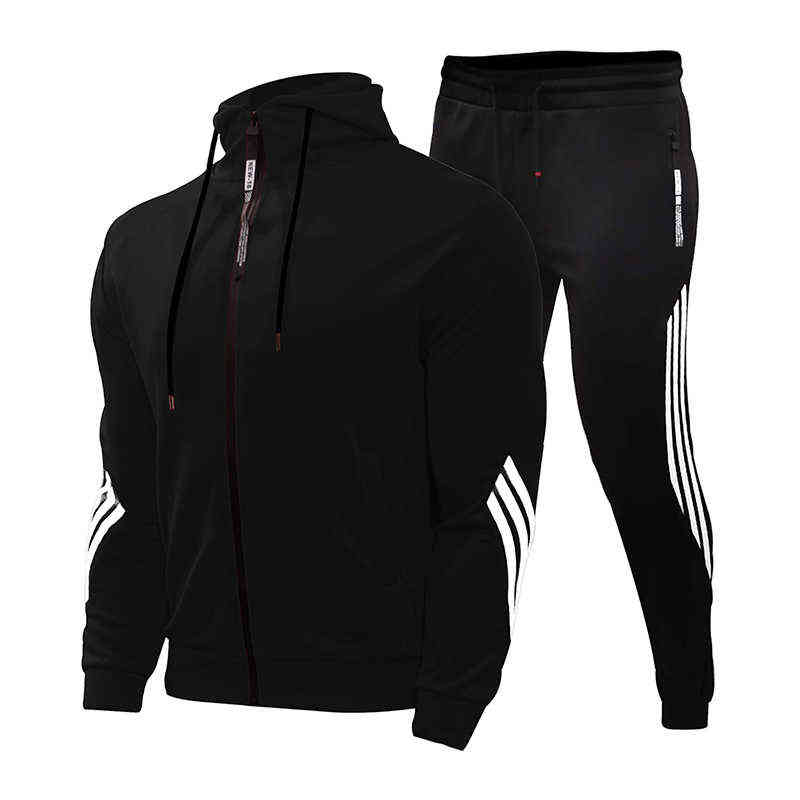 2021 Spring And Autumn Brand Fashion Men's Two-Piece Striped Sportswear Men's Hooded Top Outdoor Sports Pants Track Suit H1120