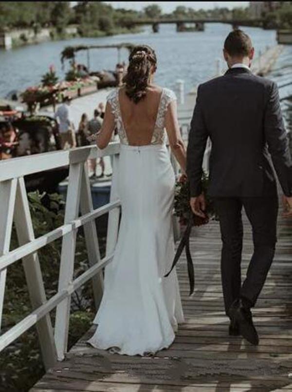 Chic Lace Mermaid Dresses Capped Sleeves Backless Sweep Train Buttons Front Slit Custom Made Beach Country Wedding Gown Vestidos