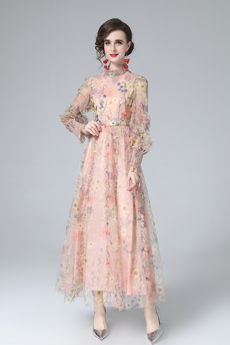 Women's Runway Dress Stand Collar Long Lantern Sleeves Printed Ruffles Elegant Fashion Party Prom Gown
