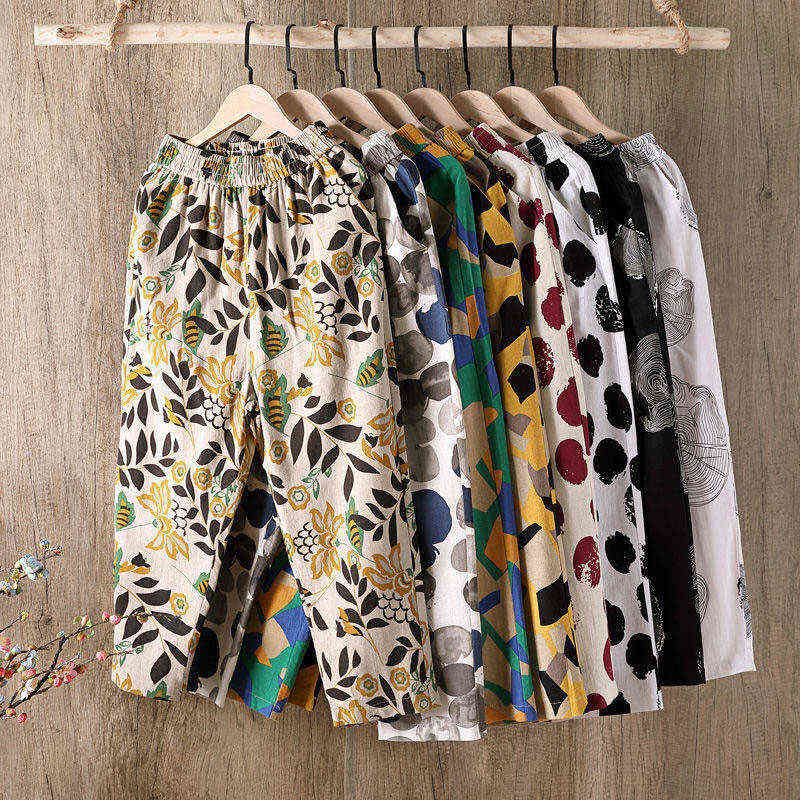 F&je Spring Summer Women Pants Plus Size Elastic Waist Geometric Cotton Linen Harem Vintage print Loose Wide Leg D44 211115