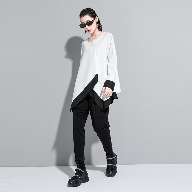 [EAM] Women White Contrast Color Split Big Size T-shirt New Round Neck Long Sleeve Fashion Tide Spring Autumn 2021 1DA611 210302