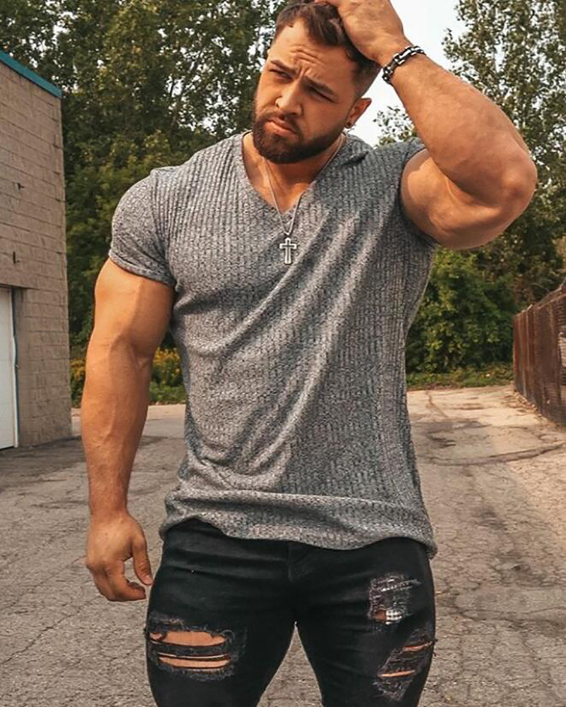 Men V Neck Short Sleeve T Shirt Fitness Slim Fit Sports Strips T-shirt Male Solid Fashion Tees Tops Summer Knitted Gym Clothing 220309