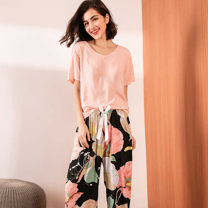 Summer Pajamas Set Women Sleepwear Female Casual Floral Printed Contrasting Color Pyjamas Tops with Long Trousers Home Clothing 210924
