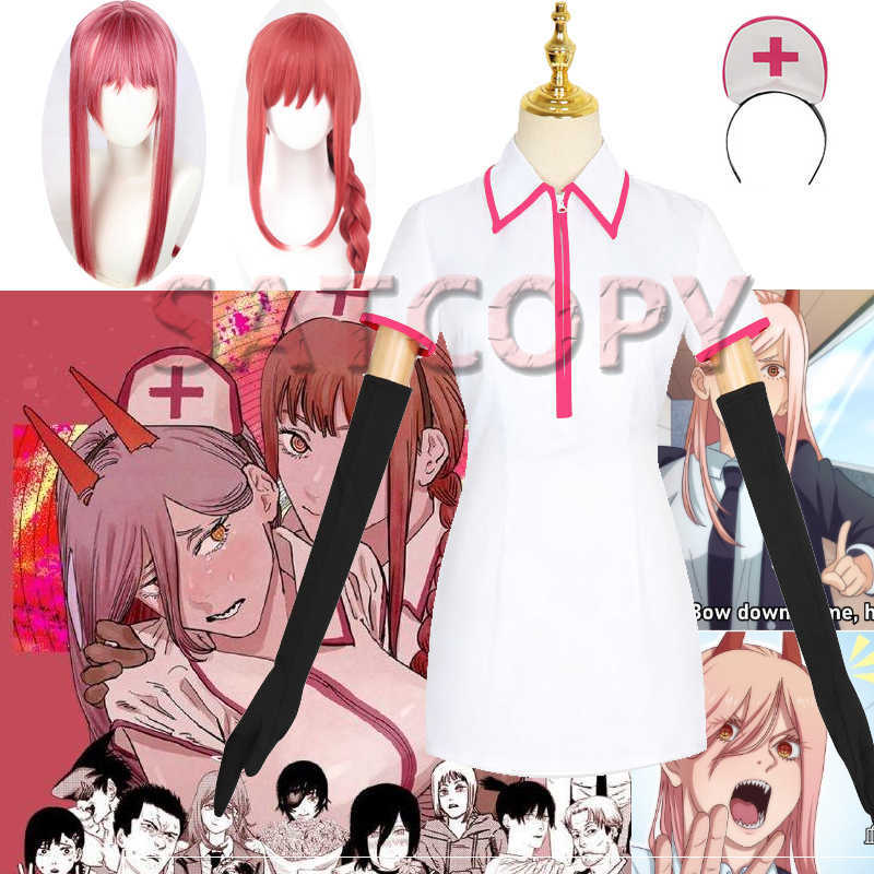 Anime Chainsaw Man Makima Cosplay Power Costume Sexy Nurse Uniform Wig Full Set Gloves Stockings Y0913