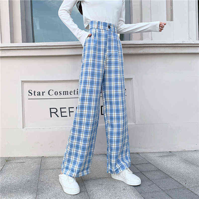 Zoki Plaid Women Pants Elastic High Waist Korean Fashion Plus Size Loose Spring Ladies Full Straight Casual Trousers S-4XL 211115